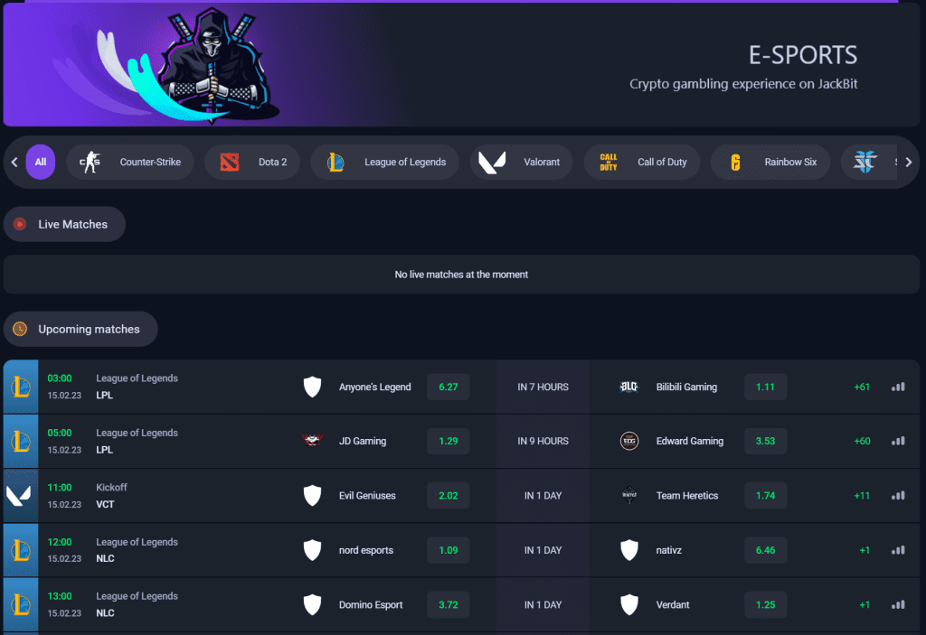 JackBit Casino Esports: Engaging Interface with Live Odds and Exciting Ongoing Matches.