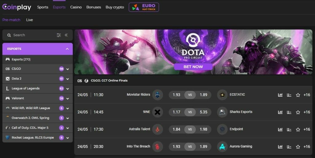 Coinplay esports screenshot shocasing a clean interface and esports such as CS:GO, Dota 2, Valorant, and many more. 