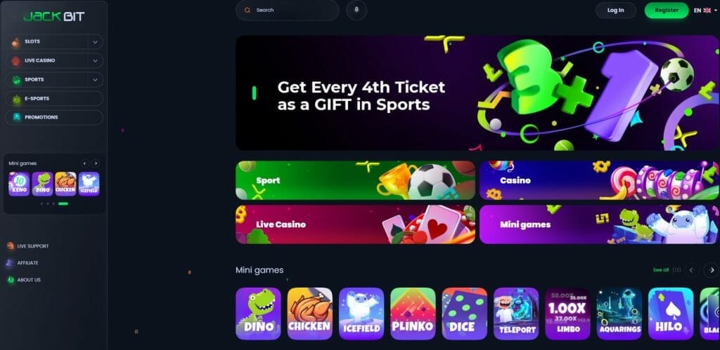 JackBit Casino website interface showcasing diverse gaming options: sports betting, casino games, live casino, mini games, and more.