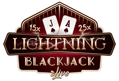 Playfina live casino game Lightning Blackjack logo including illustration of two playing cards and 15x and 25x. 